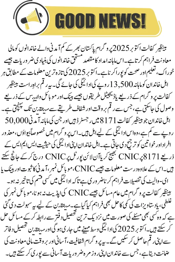 Benazir Kafaalat October 2025 Payment Verification via SMS and Portal