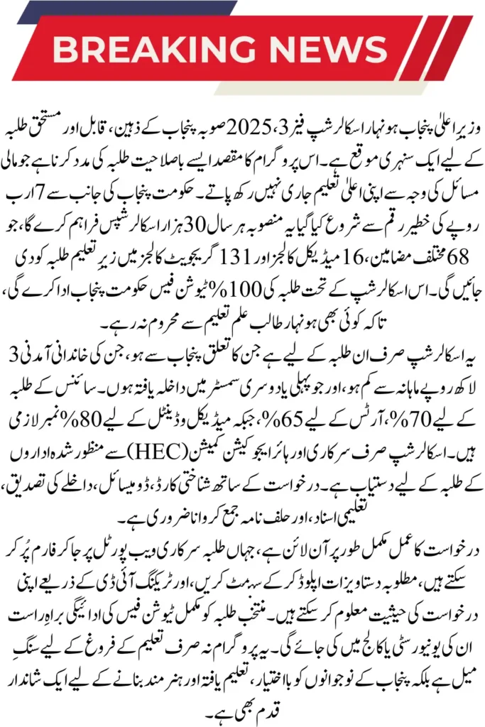 CM Punjab Honhaar Scholarship 2025 – Phase 3 Registration Live Now